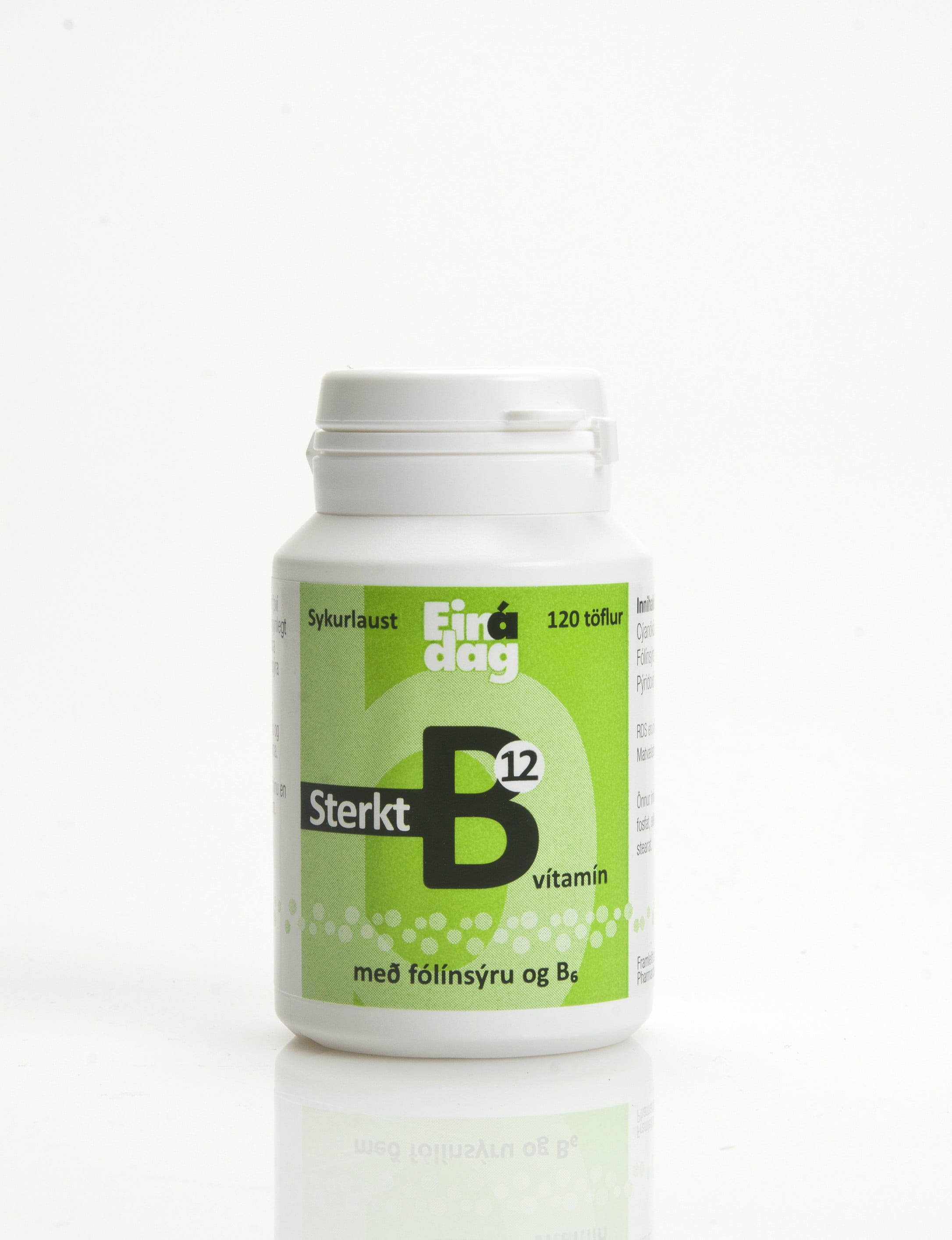Ein á dag B12 B-vítamín eru vatnsleysanleg og því þarf að neyta þeirra reglulega. Sýanókóbalamín (B12) stuðlar að eðlilegri starfsemi taugakerfisins og eðlilegri starfsemi ónæmiskerfisins. Það stuðlar einnig að eðlilegri myndun rauðra blóðkorna ásamt því að draga úr þreytu og lúa. Ekki skal taka meira af fæðubótarefninu en ráðlagðan neysluskammt. Ekki skal neyta fæðubótarefna í stað fjölbreyttrar fæðu.