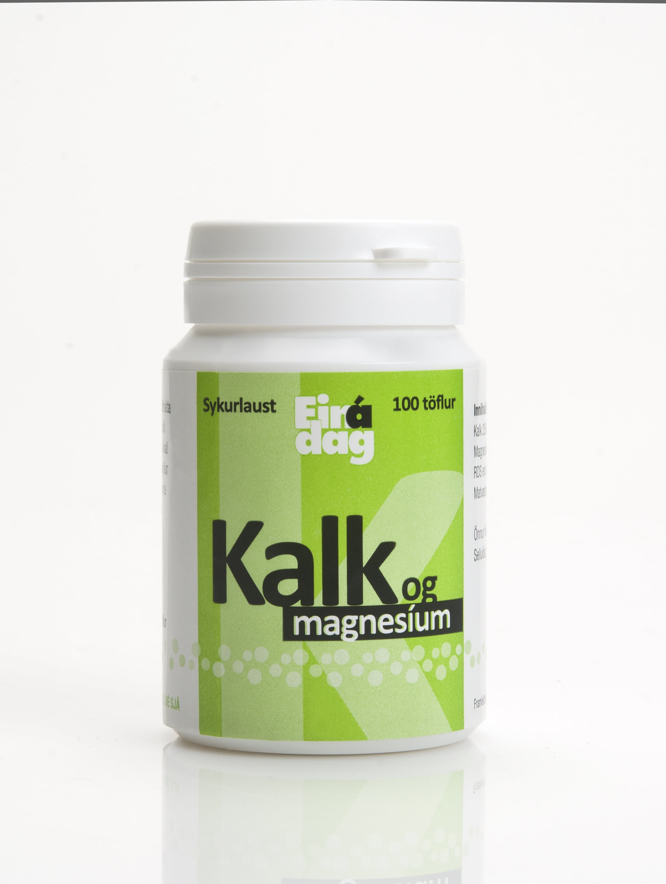 Ein á dag kalk og magnesium Magnesíum og kalk eru steinefni sem viðhalda sterkum og eðlilegum beinum og stuðla að eðlilegri vöðva- og taugastarfsemi. Ekki skal neyta meira af fæðubótarefninu en ráðlagður dagsskammtur segir til um. Ekki skal neyta fæðubótarefna í stað fjölbreyttrar fæðu.